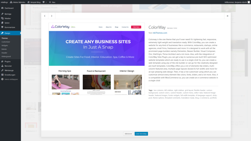 Bildschirmfoto des Backends von WordPress bei der Auswahl des Themes "ColorWay"