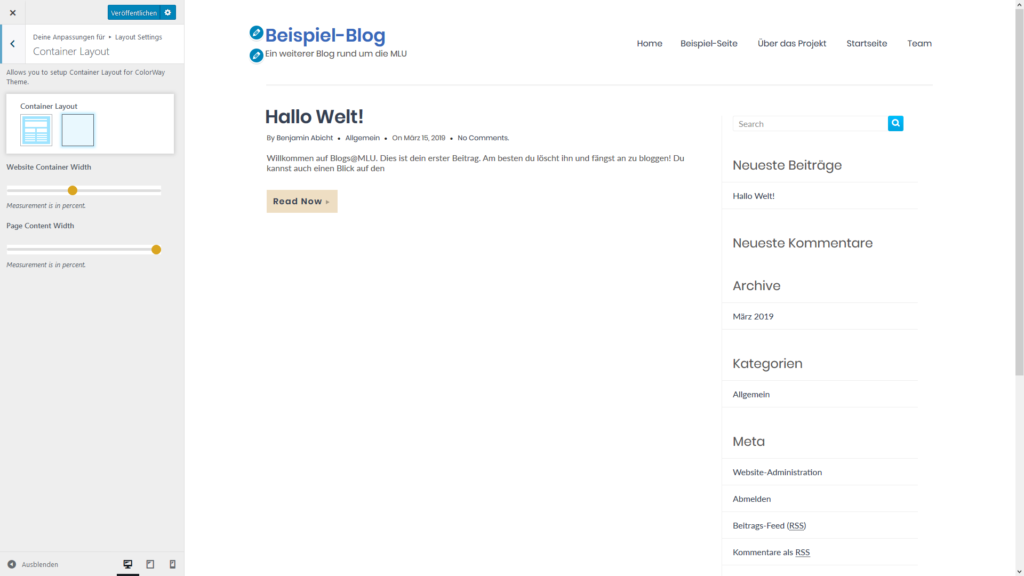 Bildschirmfoto des Backends von WordPress bei der Anpassung des Themes mit dem Customizer